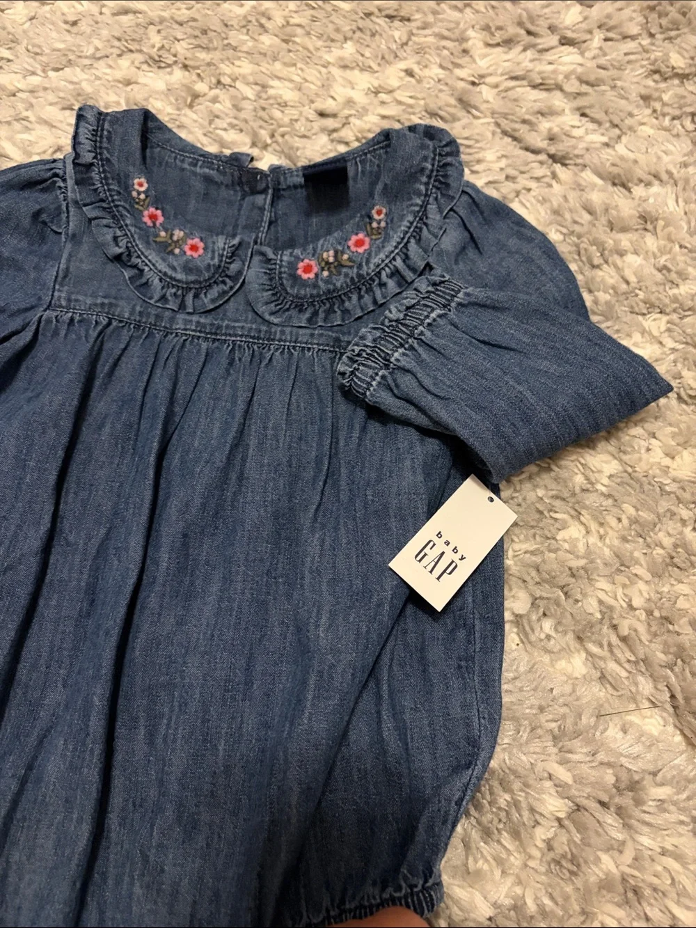 GAP Denim-Style Baby Romper with Pink Floral Embroidery